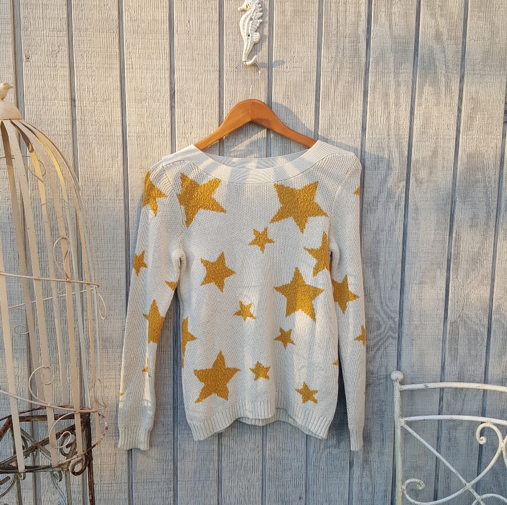 🎄NWT Marled Reunited Cotton Yellow Star Sweater S